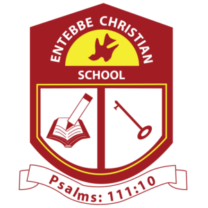 Entebbe Christian School logo showing a dove, open book, key symbol, and Bible verse Psalm 111:10 representing Christian education in Uganda